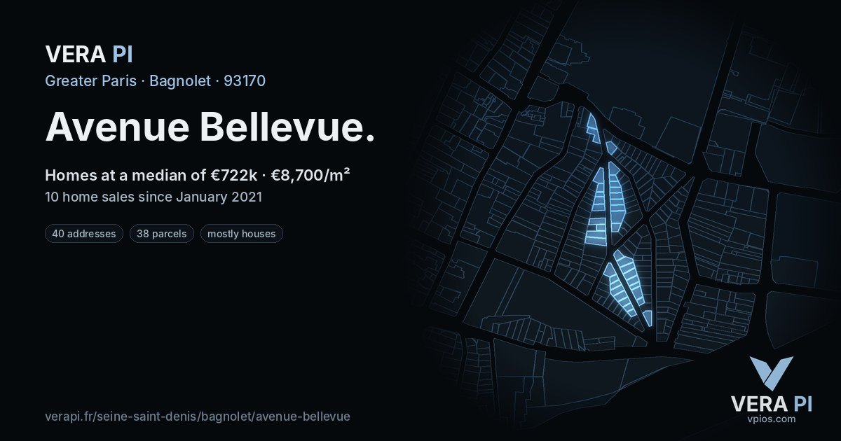 Avenue Bellevue, Bagnolet at night – every parcel coloured by the prices around it, the street's own parcels lit