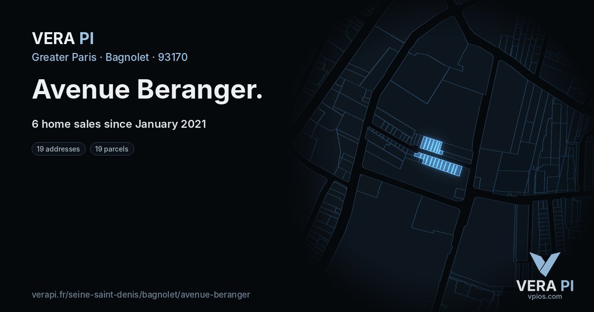 Avenue Beranger, Bagnolet at night – every parcel coloured by the prices around it, the street's own parcels lit