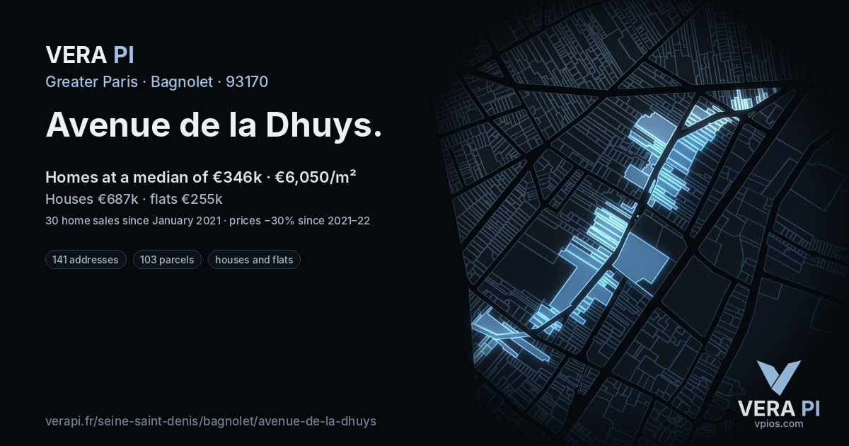 Avenue de la Dhuys, Bagnolet at night – every parcel coloured by the prices around it, the street's own parcels lit