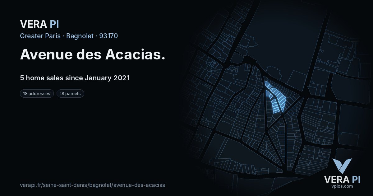 Avenue des Acacias, Bagnolet at night – every parcel coloured by the prices around it, the street's own parcels lit