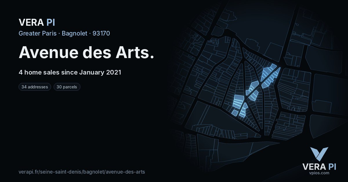 Avenue des Arts, Bagnolet at night – every parcel coloured by the prices around it, the street's own parcels lit