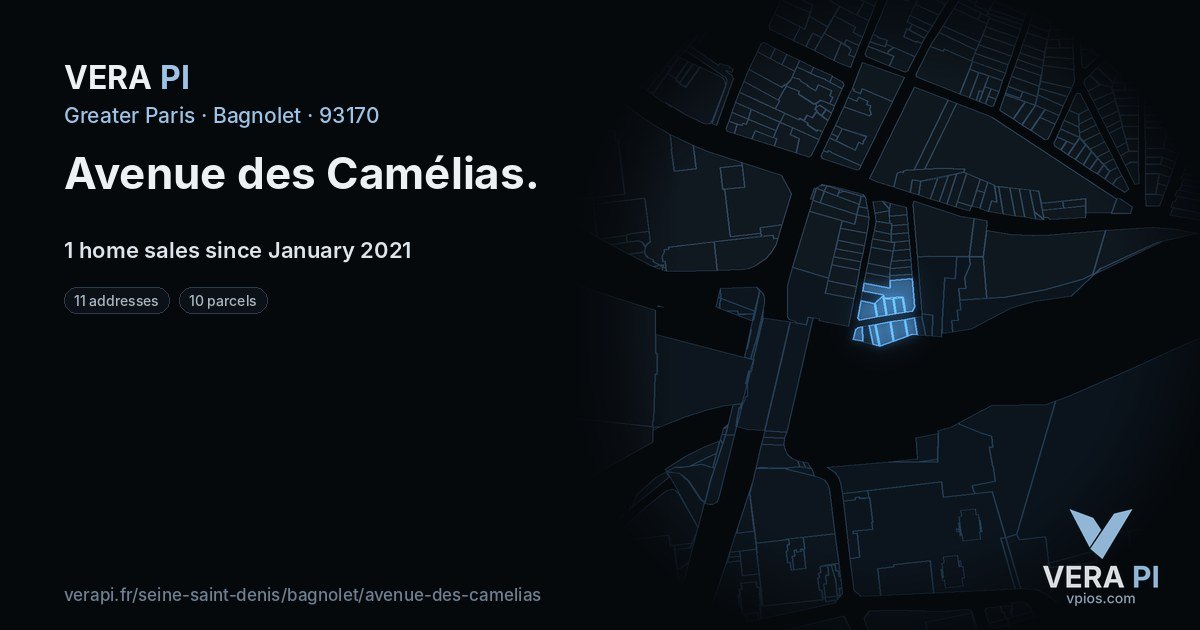 Avenue des Camélias, Bagnolet at night – every parcel coloured by the prices around it, the street's own parcels lit