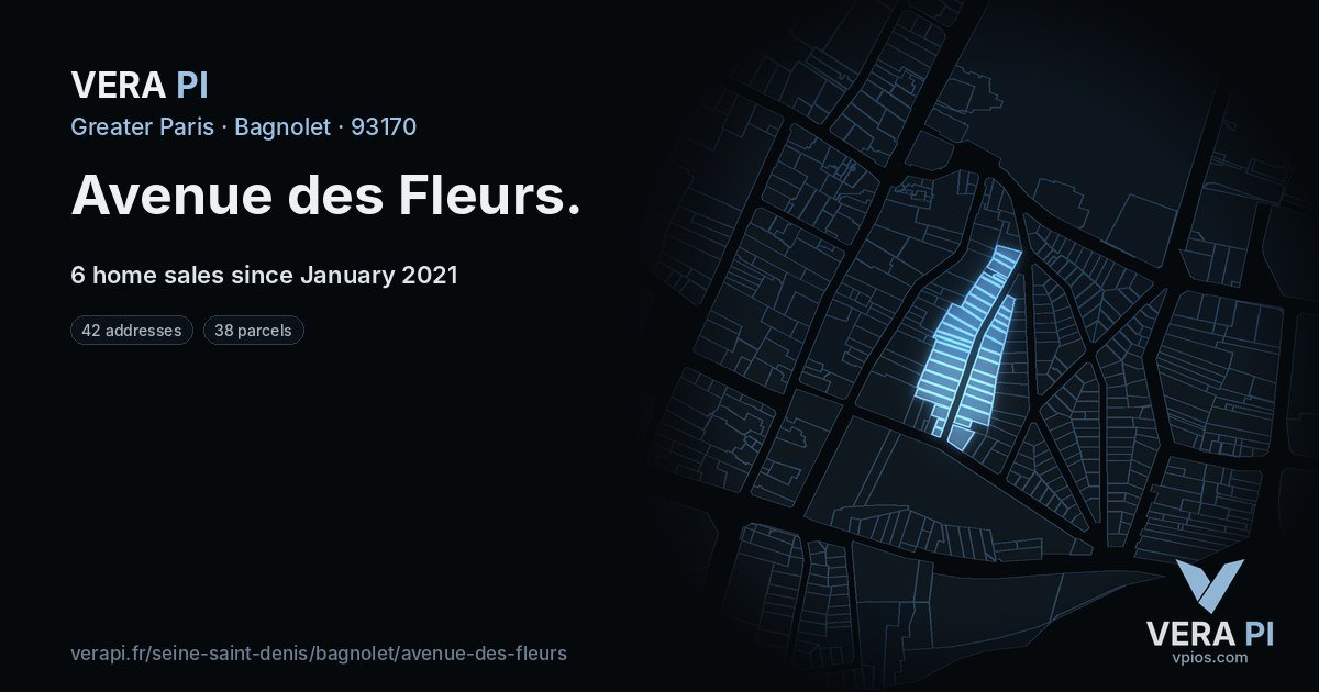 Avenue des Fleurs, Bagnolet at night – every parcel coloured by the prices around it, the street's own parcels lit