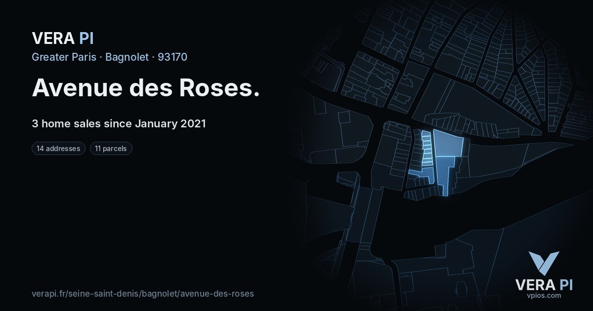 Avenue des Roses, Bagnolet at night – every parcel coloured by the prices around it, the street's own parcels lit