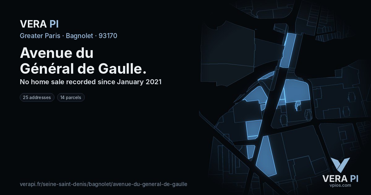 Avenue du Général de Gaulle, Bagnolet at night – every parcel coloured by the prices around it, the street's own parcels lit