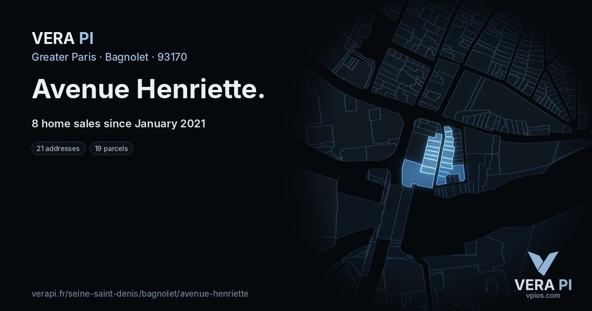Avenue Henriette, Bagnolet at night – every parcel coloured by the prices around it, the street's own parcels lit