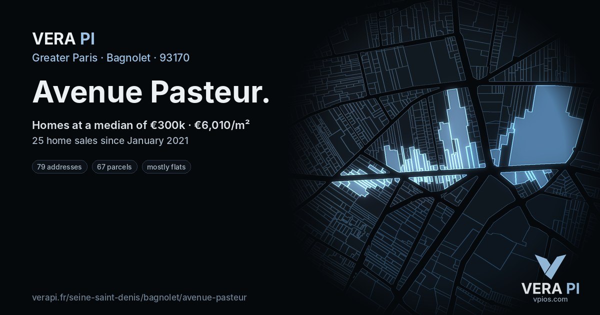 Avenue Pasteur, Bagnolet at night – every parcel coloured by the prices around it, the street's own parcels lit