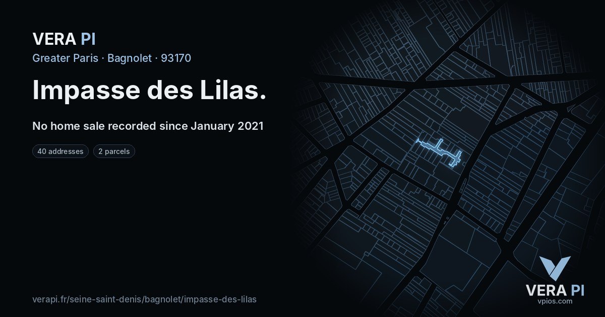 Impasse des Lilas, Bagnolet at night – every parcel coloured by the prices around it, the street's own parcels lit