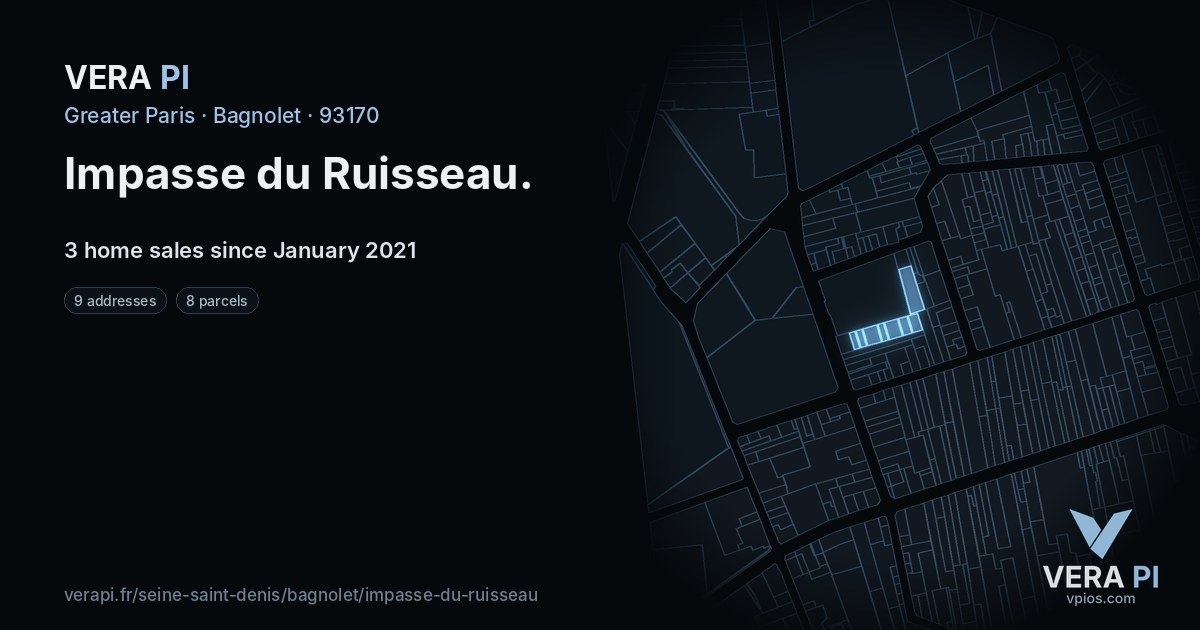 Impasse du Ruisseau, Bagnolet at night – every parcel coloured by the prices around it, the street's own parcels lit
