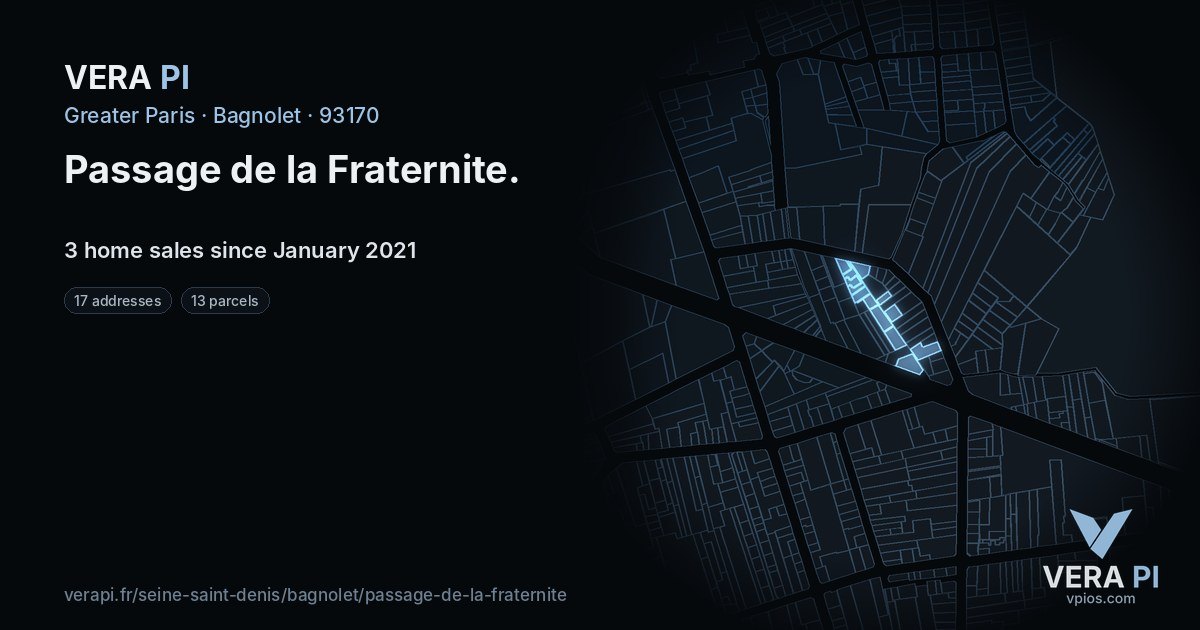 Passage de la Fraternite, Bagnolet at night – every parcel coloured by the prices around it, the street's own parcels lit