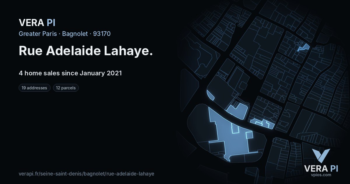 Rue Adelaide Lahaye, Bagnolet at night – every parcel coloured by the prices around it, the street's own parcels lit