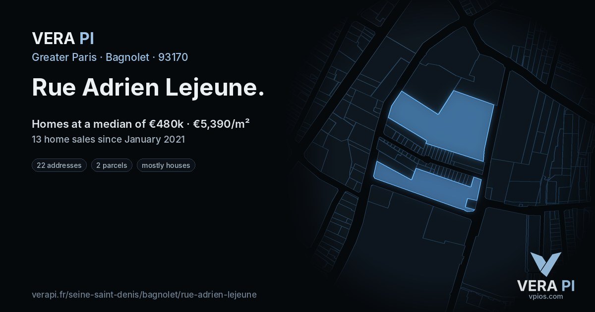 Rue Adrien Lejeune, Bagnolet at night – every parcel coloured by the prices around it, the street's own parcels lit