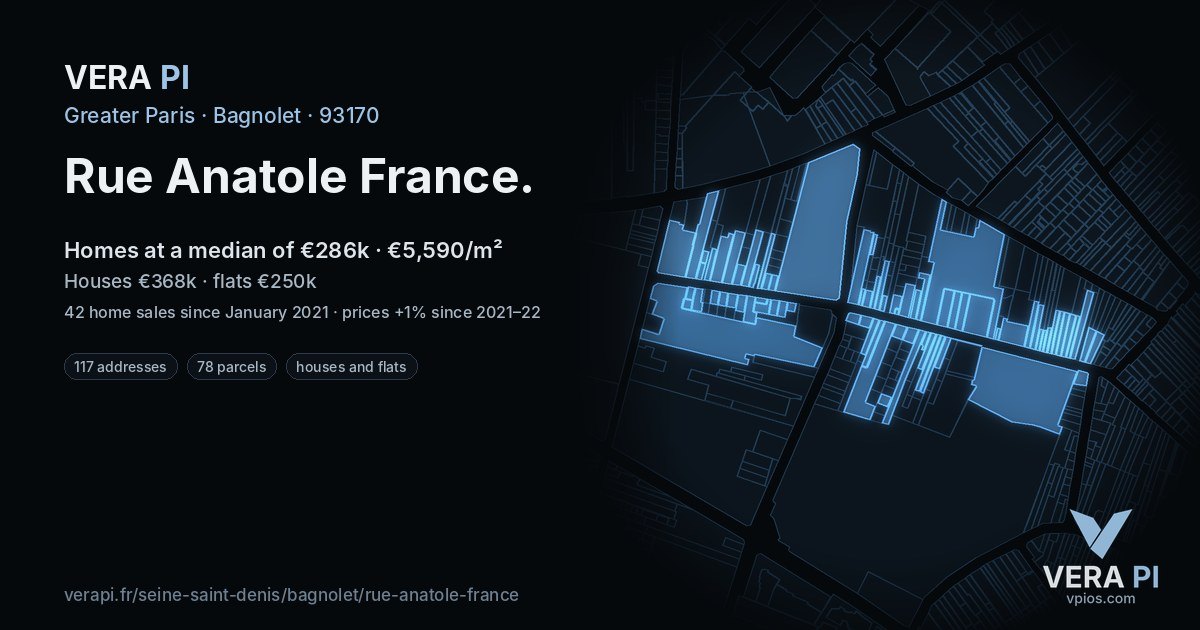 Rue Anatole France, Bagnolet at night – every parcel coloured by the prices around it, the street's own parcels lit