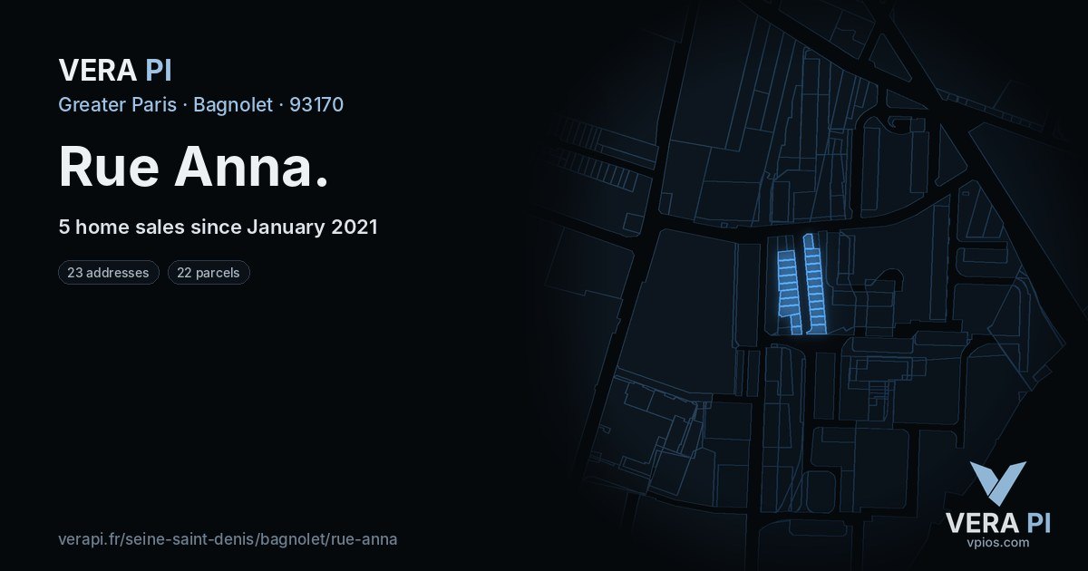Rue Anna, Bagnolet at night – every parcel coloured by the prices around it, the street's own parcels lit