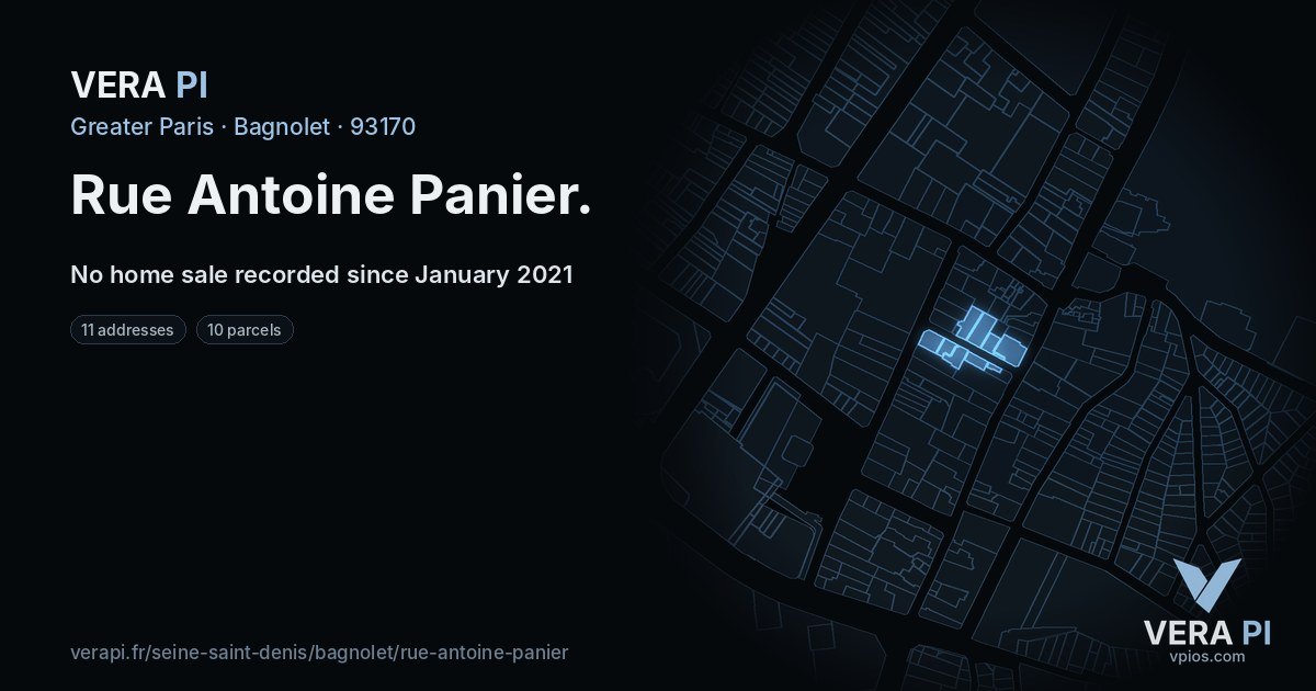 Rue Antoine Panier, Bagnolet at night – every parcel coloured by the prices around it, the street's own parcels lit