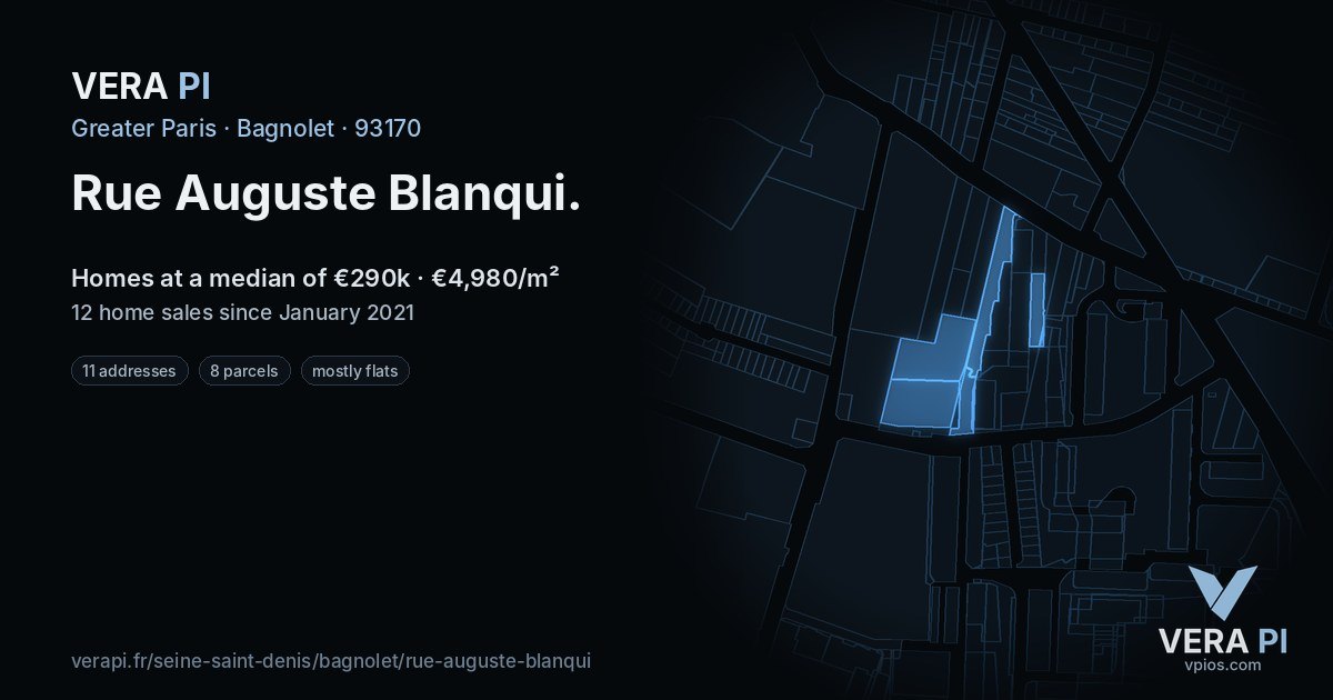 Rue Auguste Blanqui, Bagnolet at night – every parcel coloured by the prices around it, the street's own parcels lit