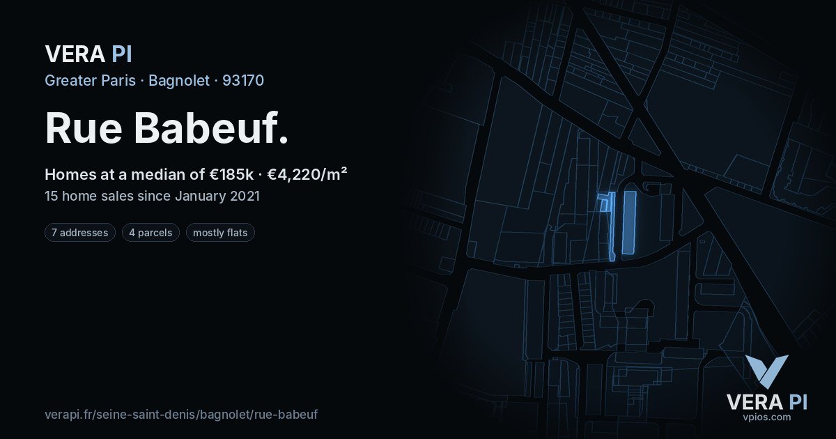 Rue Babeuf, Bagnolet at night – every parcel coloured by the prices around it, the street's own parcels lit