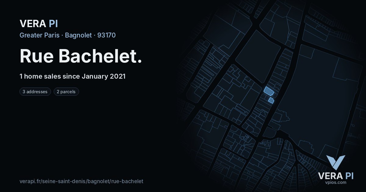 Rue Bachelet, Bagnolet at night – every parcel coloured by the prices around it, the street's own parcels lit