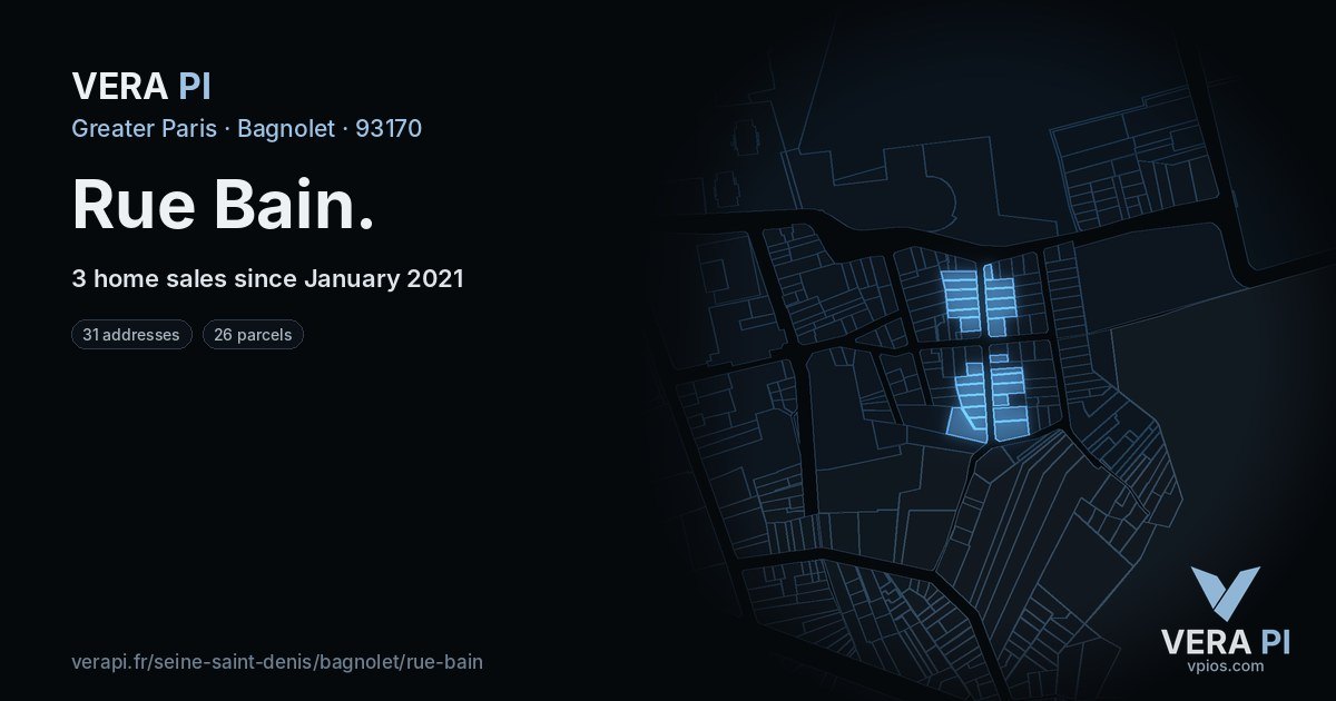 Rue Bain, Bagnolet at night – every parcel coloured by the prices around it, the street's own parcels lit