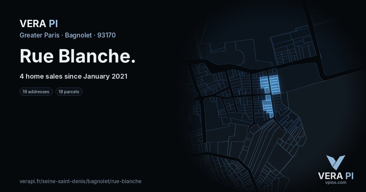 Rue Blanche, Bagnolet at night – every parcel coloured by the prices around it, the street's own parcels lit