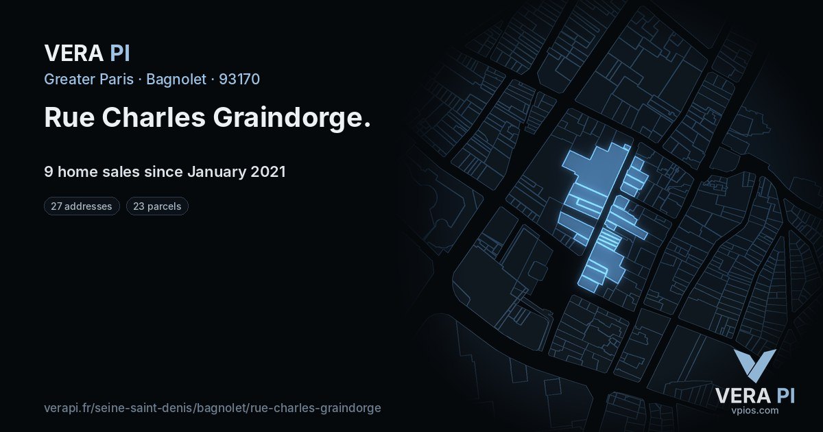 Rue Charles Graindorge, Bagnolet at night – every parcel coloured by the prices around it, the street's own parcels lit