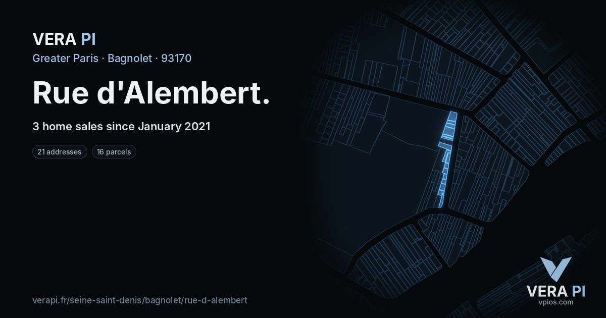 Rue d'Alembert, Bagnolet at night – every parcel coloured by the prices around it, the street's own parcels lit