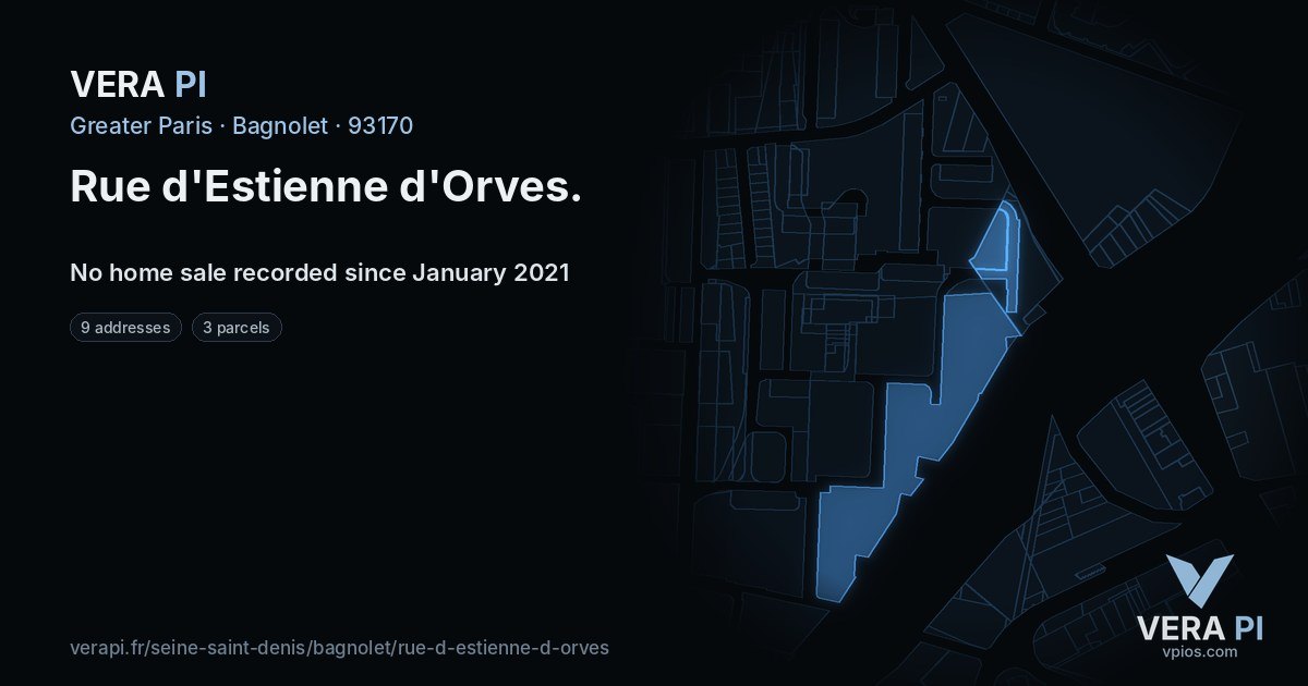 Rue d'Estienne d'Orves, Bagnolet at night – every parcel coloured by the prices around it, the street's own parcels lit