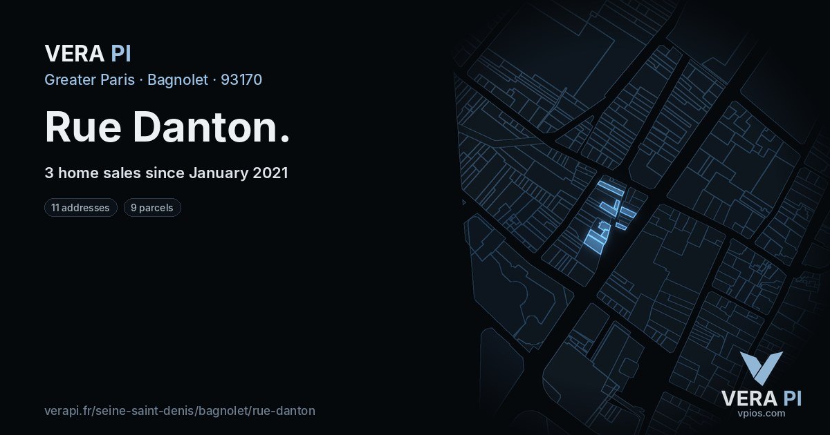 Rue Danton, Bagnolet at night – every parcel coloured by the prices around it, the street's own parcels lit