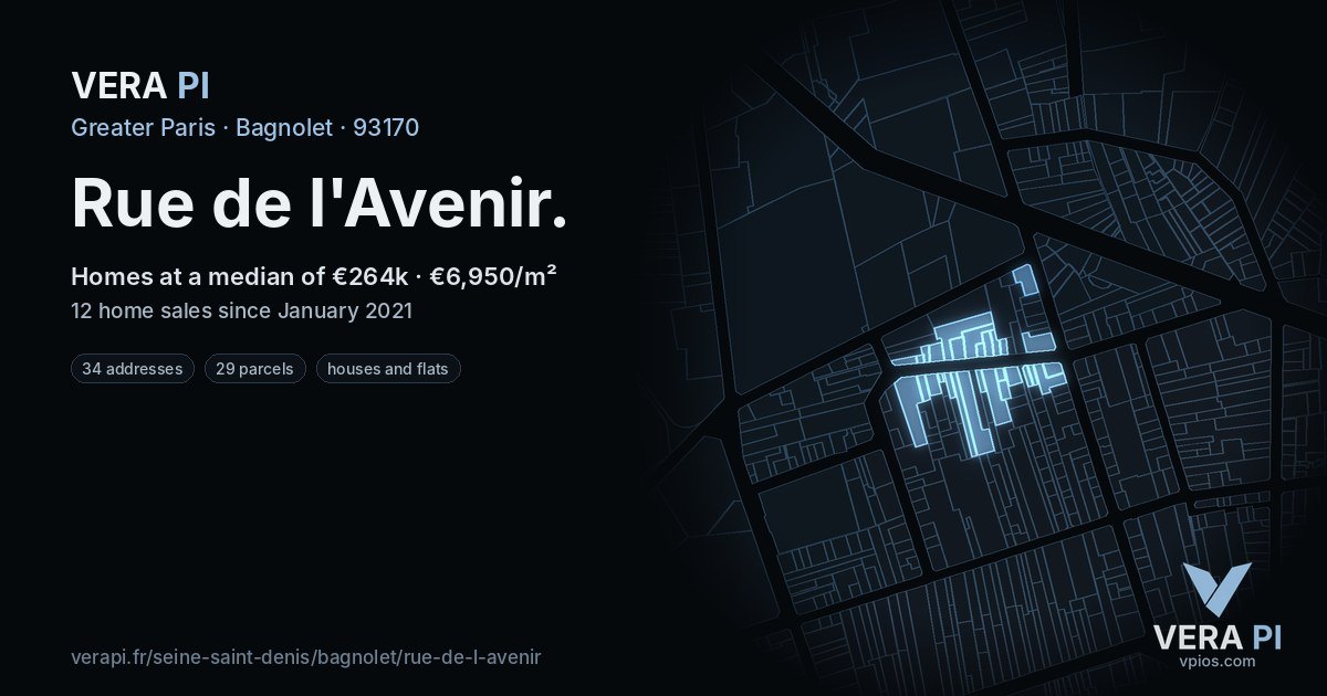 Rue de l'Avenir, Bagnolet at night – every parcel coloured by the prices around it, the street's own parcels lit