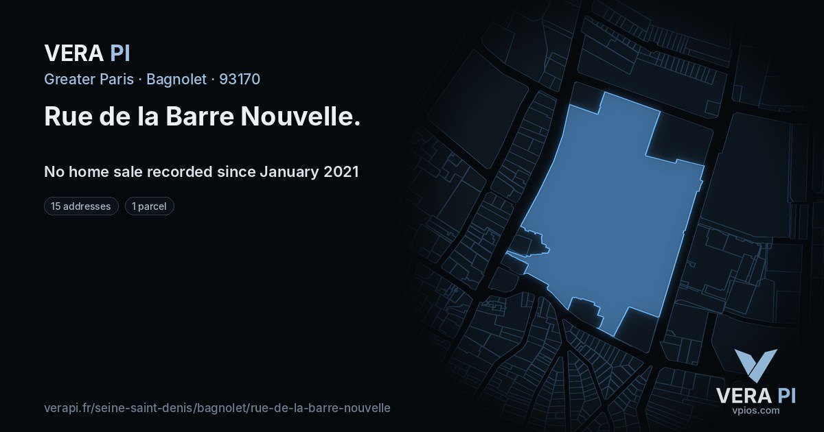 Rue de la Barre Nouvelle, Bagnolet at night – every parcel coloured by the prices around it, the street's own parcels lit
