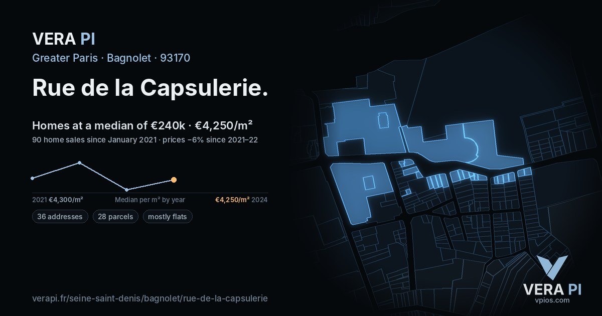 Rue de la Capsulerie, Bagnolet at night – every parcel coloured by the prices around it, the street's own parcels lit