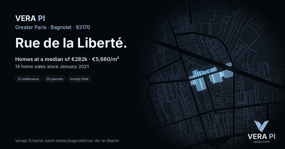 Rue de la Liberté, Bagnolet at night – every parcel coloured by the prices around it, the street's own parcels lit