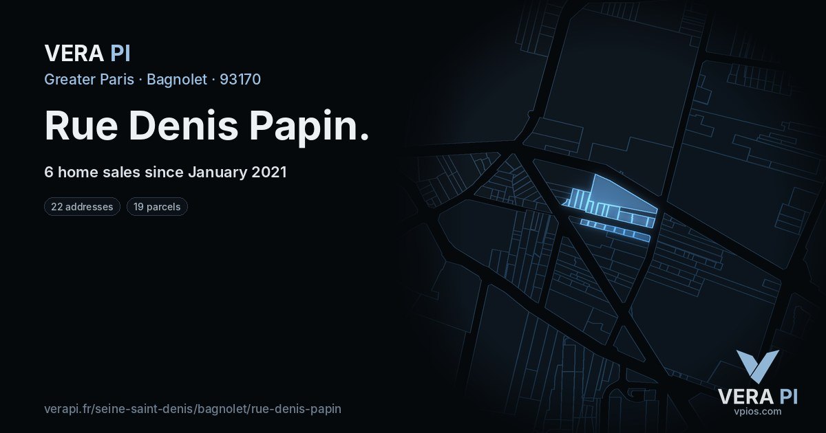 Rue Denis Papin, Bagnolet at night – every parcel coloured by the prices around it, the street's own parcels lit
