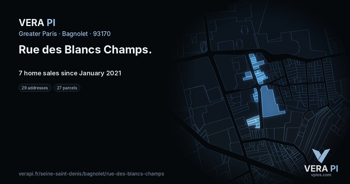 Rue des Blancs Champs, Bagnolet at night – every parcel coloured by the prices around it, the street's own parcels lit