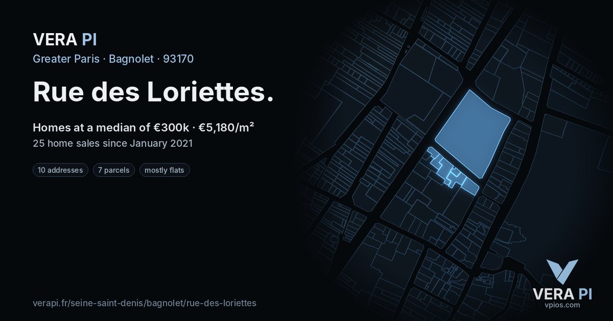 Rue des Loriettes, Bagnolet at night – every parcel coloured by the prices around it, the street's own parcels lit
