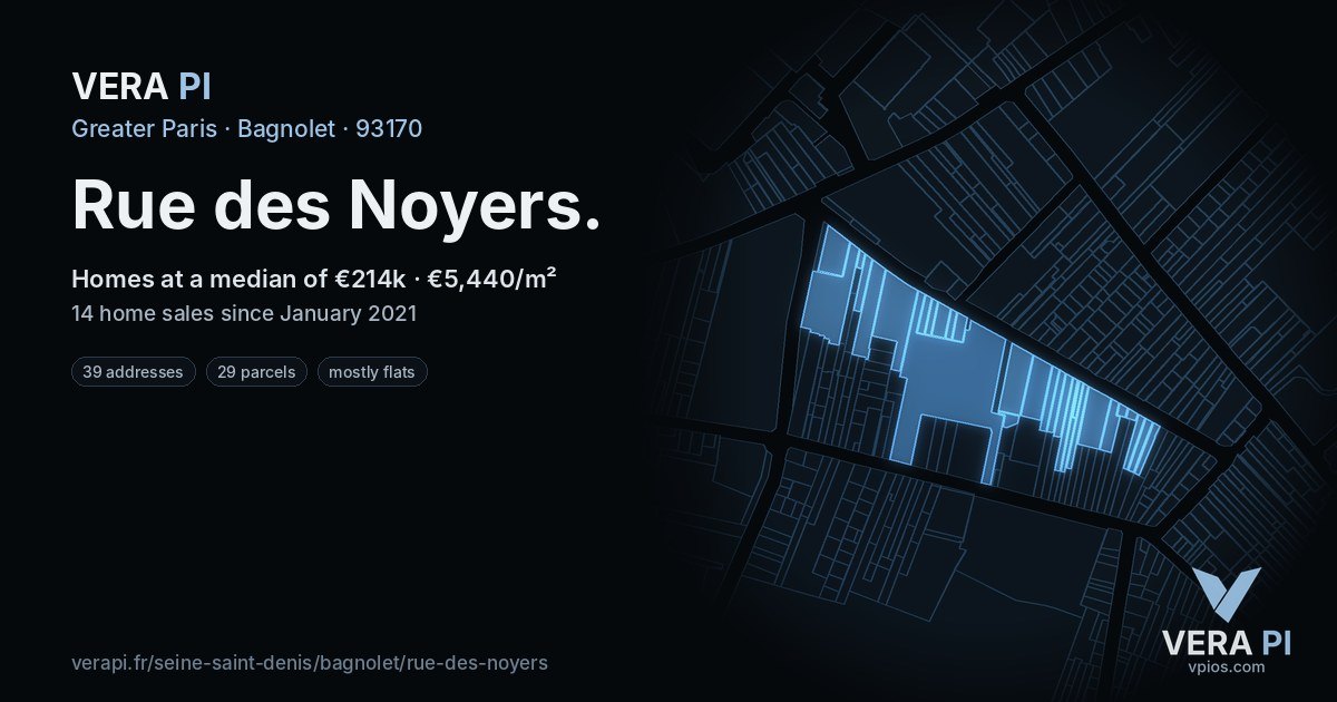 Rue des Noyers, Bagnolet at night – every parcel coloured by the prices around it, the street's own parcels lit