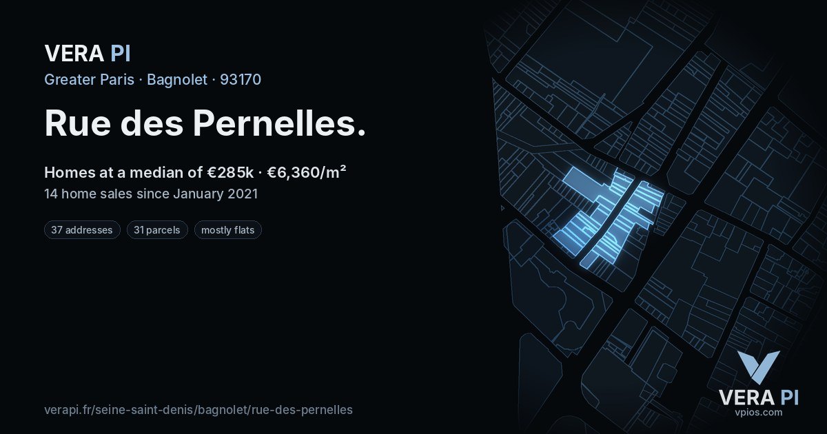 Rue des Pernelles, Bagnolet at night – every parcel coloured by the prices around it, the street's own parcels lit