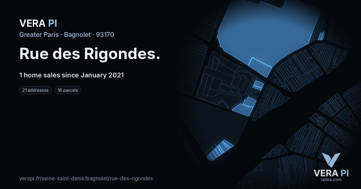 Rue des Rigondes, Bagnolet at night – every parcel coloured by the prices around it, the street's own parcels lit
