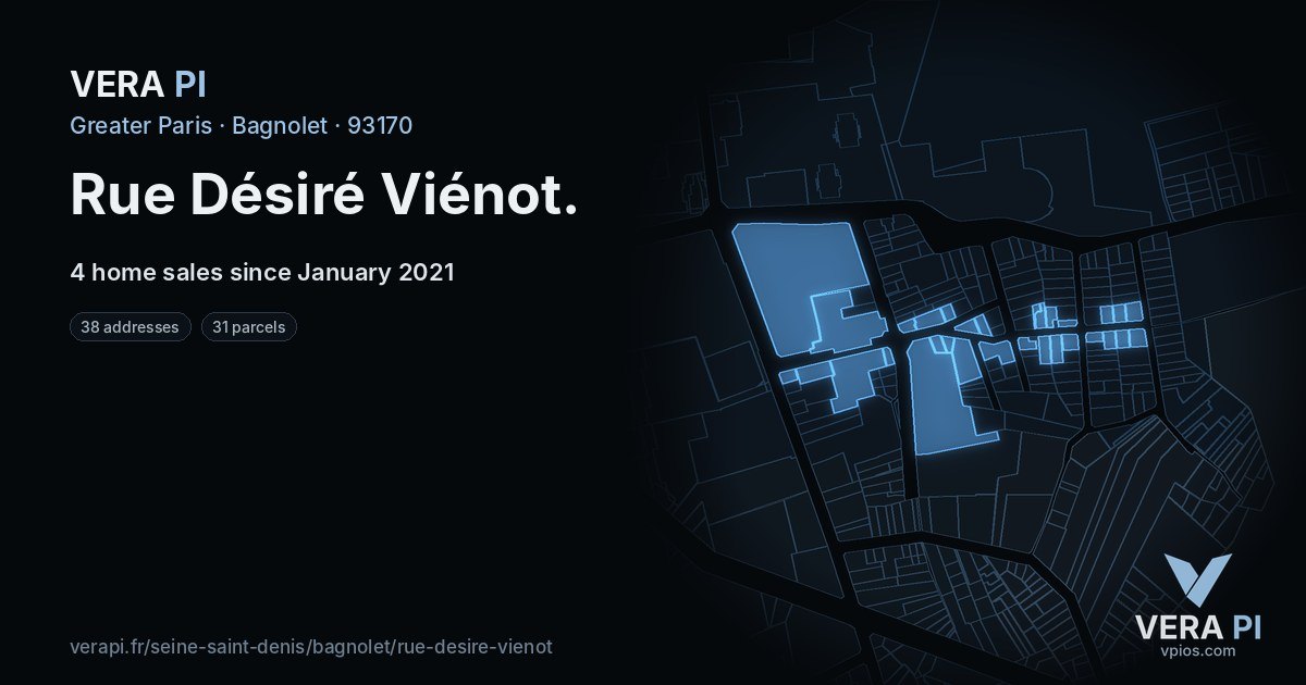 Rue Désiré Viénot, Bagnolet at night – every parcel coloured by the prices around it, the street's own parcels lit