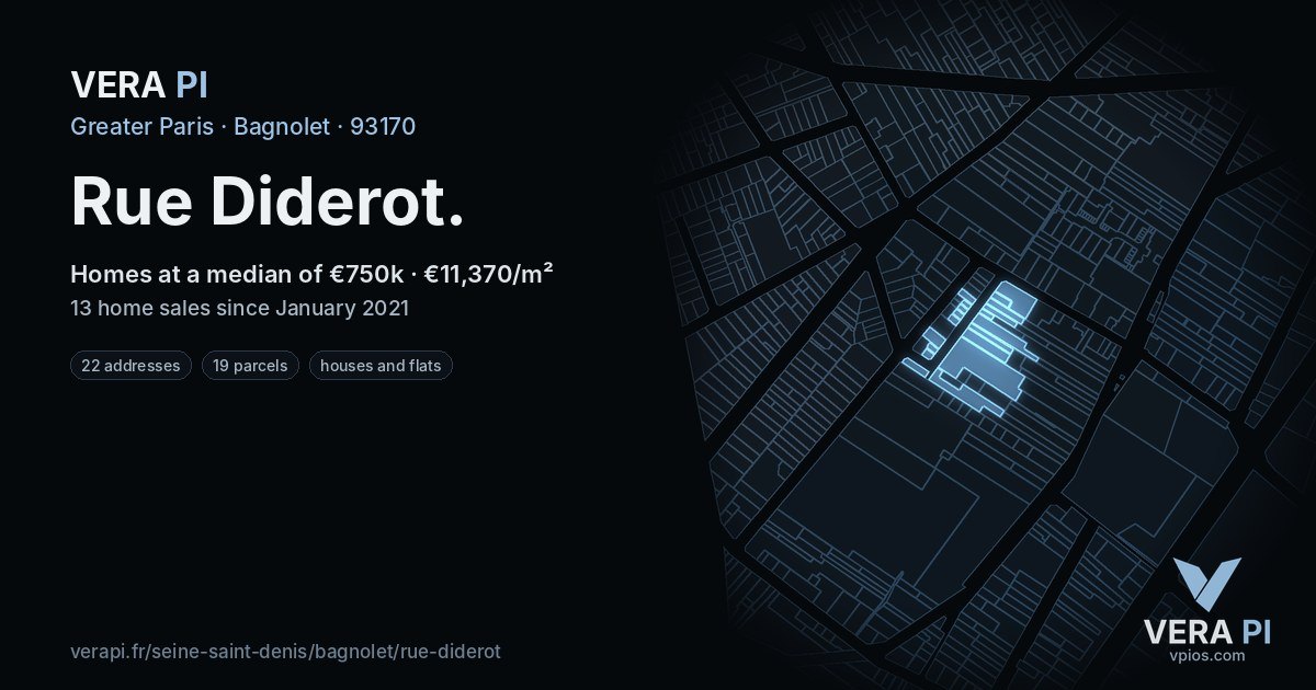 Rue Diderot, Bagnolet at night – every parcel coloured by the prices around it, the street's own parcels lit