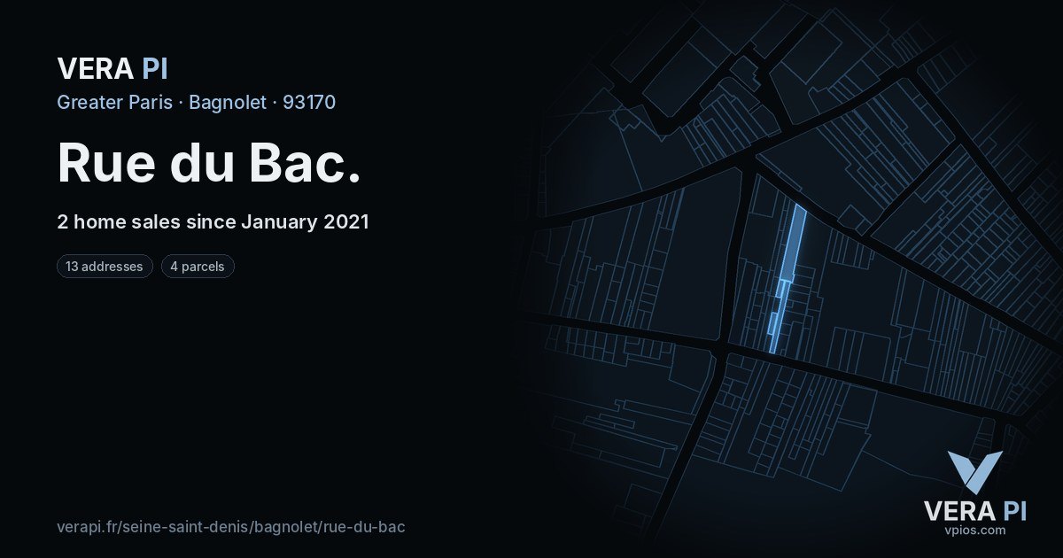 Rue du Bac, Bagnolet at night – every parcel coloured by the prices around it, the street's own parcels lit