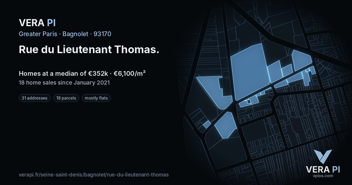 Rue du Lieutenant Thomas, Bagnolet at night – every parcel coloured by the prices around it, the street's own parcels lit