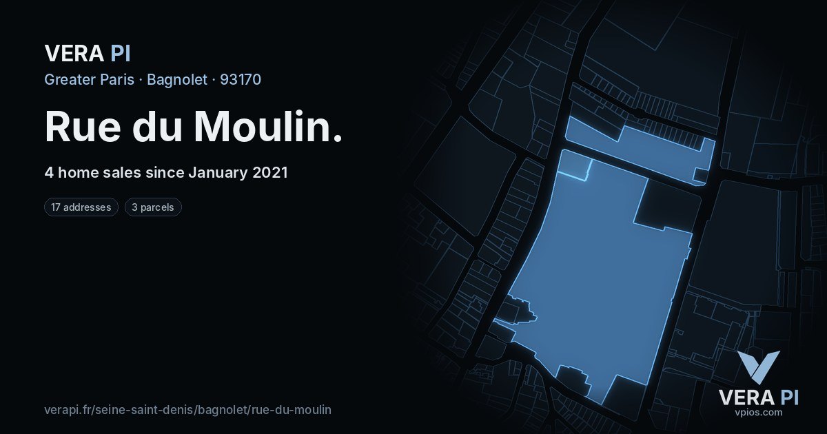 Rue du Moulin, Bagnolet at night – every parcel coloured by the prices around it, the street's own parcels lit