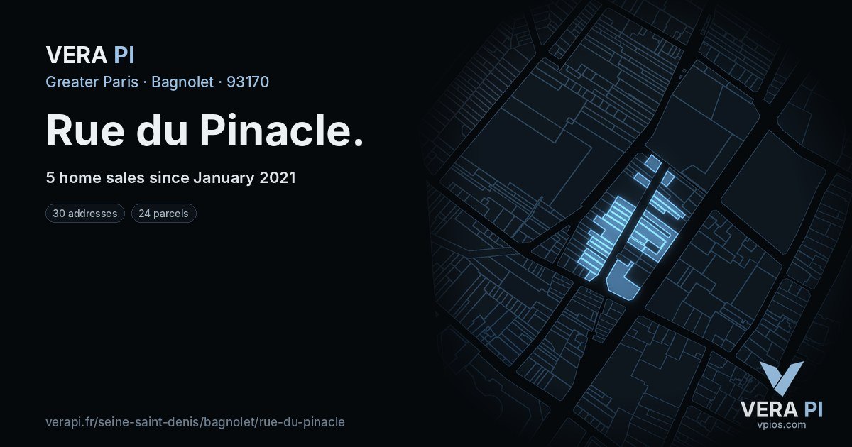 Rue du Pinacle, Bagnolet at night – every parcel coloured by the prices around it, the street's own parcels lit