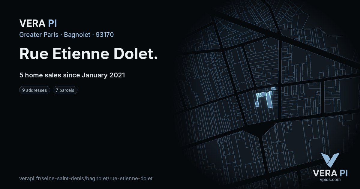 Rue Etienne Dolet, Bagnolet at night – every parcel coloured by the prices around it, the street's own parcels lit