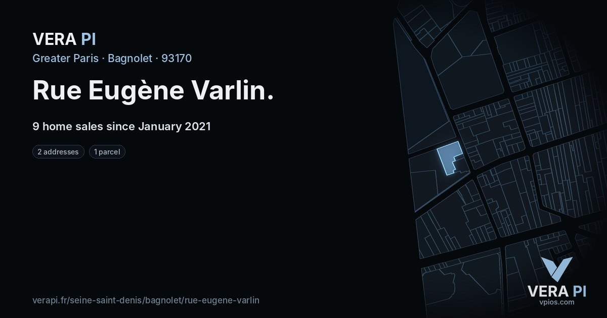 Rue Eugène Varlin, Bagnolet at night – every parcel coloured by the prices around it, the street's own parcels lit