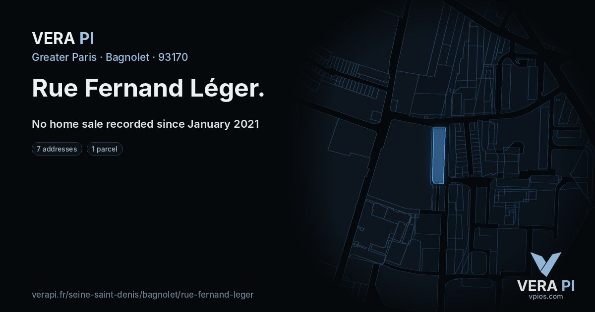 Rue Fernand Léger, Bagnolet at night – every parcel coloured by the prices around it, the street's own parcels lit