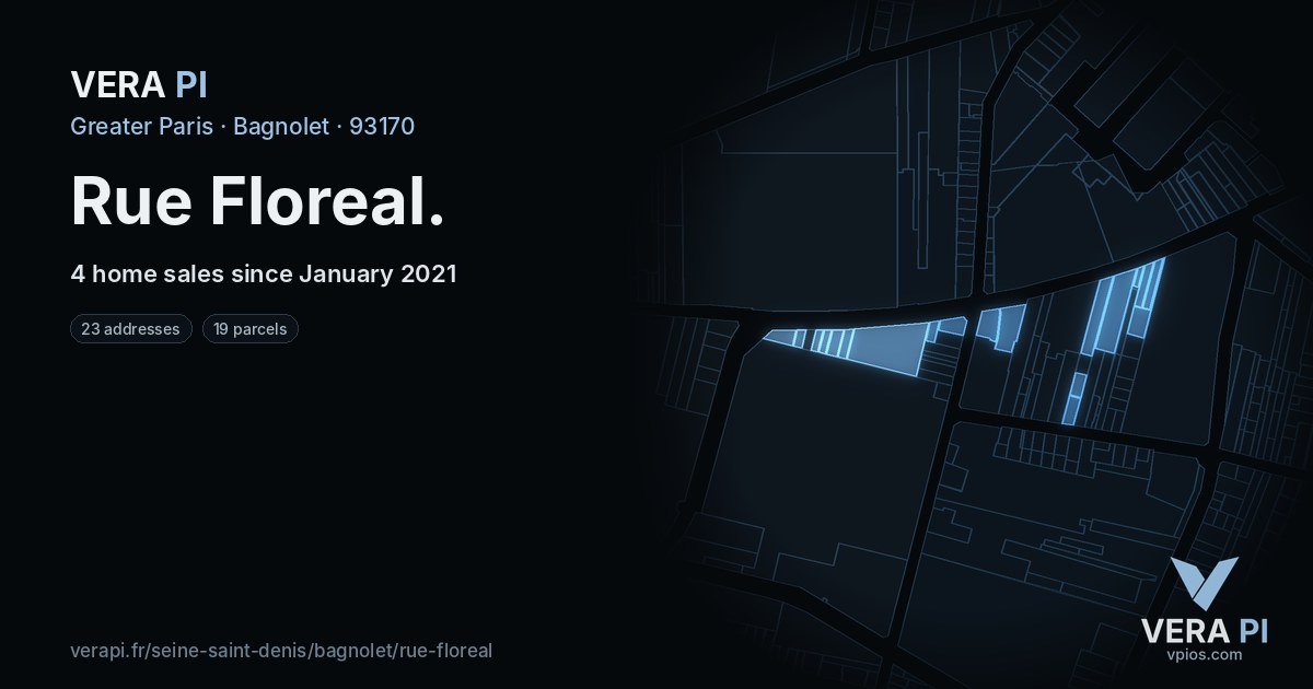 Rue Floreal, Bagnolet at night – every parcel coloured by the prices around it, the street's own parcels lit