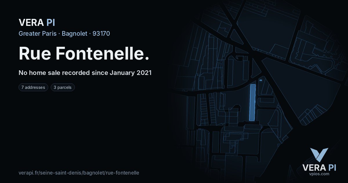 Rue Fontenelle, Bagnolet at night – every parcel coloured by the prices around it, the street's own parcels lit