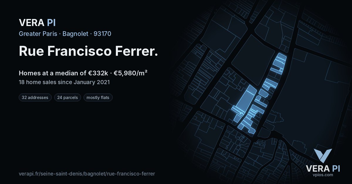 Rue Francisco Ferrer, Bagnolet at night – every parcel coloured by the prices around it, the street's own parcels lit